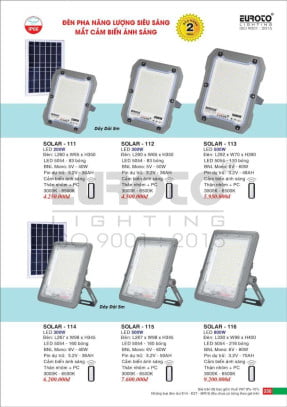 Đèn pha năng lượng mặt trời Euroto SOLAR - 111, SOLAR - 112, SOLAR - 113, SOLAR - 114, SOLAR - 115, SOLAR - 116