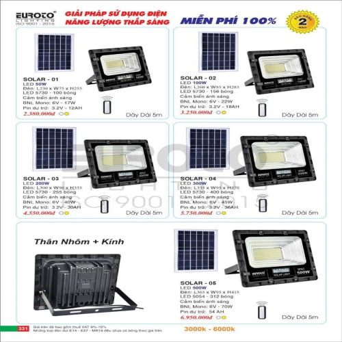 Đèn pha năng lượng mặt trời Euroto SOLAR - 01, SOLAR - 02, SOLAR - 03, SOLAR - 04, SOLAR - 05