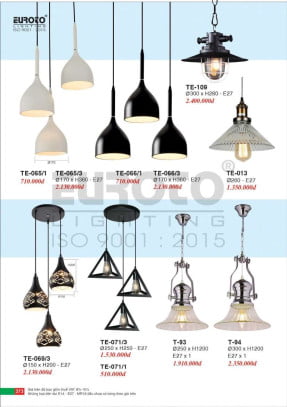 Đèn thả Euroto TE-065/1, TE-065/3, TE-066/1, TE-066/3, TE-069/3, TE-071/1, TE-071/3, T-93, T-94, TE-109, TE-013