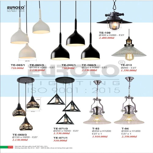Đèn thả Euroto TE-065/1, TE-065/3, TE-066/1, TE-066/3, TE-069/3, TE-071/1, TE-071/3, T-93, T-94, TE-109, TE-013