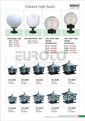 Đèn trụ Euroto TD-402 A, TD-402 B, TD-402 C, TD-402 D, TD-402 E, TD-403 A, TD-403 B, TD-403 C, TD-403 D, TD-403 E, cầu nhựa, cầu thủy tinh, cầu sen nhựa