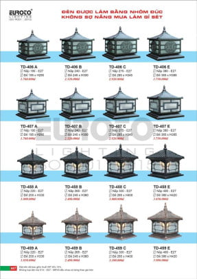 Đèn trụ Euroto TD-406 A, TD-406 B, TD-406 C, TD-406 E, TD-407 A, TD-407 B, TD-407 C, TD-407 E, TD-458 A, TD-458 B, TD-458 C, TD-458 E, TD-459 A, TD-459 B, TD-459 C, TD-459 E