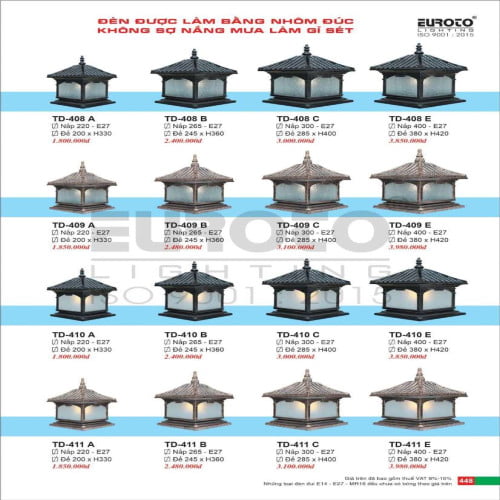Đèn trụ Euroto TD-408 A, TD-408 B, TD-408 C, TD-408 E, TD-409 A, TD-409 B, TD-409 C, TD-409 E, TD-410 A, TD-410 B, TD-410 C, TD-410 E, TD-411 A, TD-411 B, TD-411 C, TD-411 E