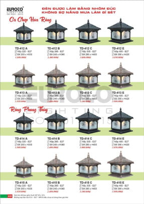 Đèn trụ Euroto TD-412 A, TD-412 B, TD-412 C, TD-412 E, TD-413 A, TD-413 B, TD-413 C, TD-413 E, TD-414 A, TD-414 B, TD-414 C, TD-414 E, TD-415 A, TD-415 B, TD-415 C, TD-415 E