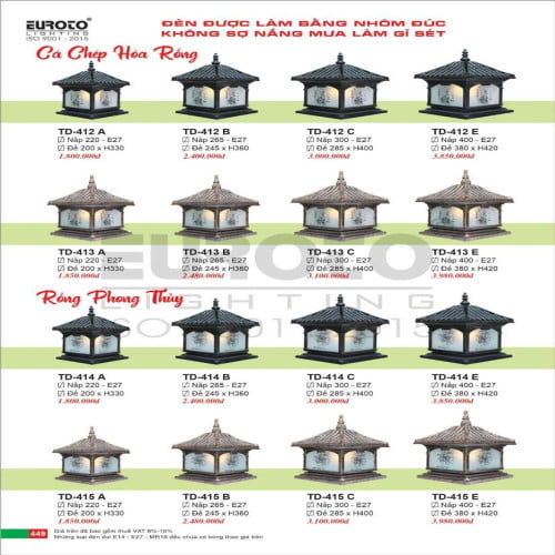 Đèn trụ Euroto TD-412 A, TD-412 B, TD-412 C, TD-412 E, TD-413 A, TD-413 B, TD-413 C, TD-413 E, TD-414 A, TD-414 B, TD-414 C, TD-414 E, TD-415 A, TD-415 B, TD-415 C, TD-415 E