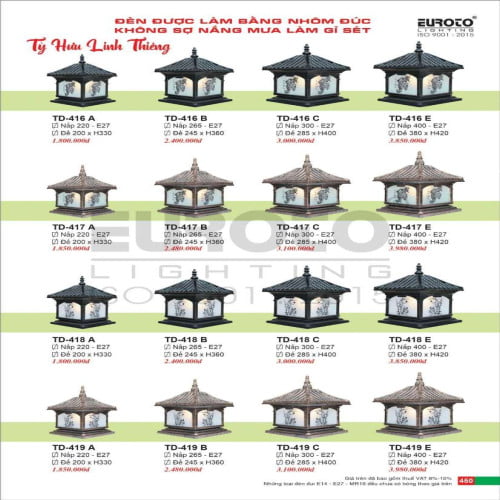 Đèn trụ Euroto TD-416 A, TD-416 B, TD-416 C, TD-416 E, TD-417 A, TD-417 B, TD-417 C, TD-417 E, TD-418 A, TD-418 B, TD-418 C, TD-418 E, TD-419 A, TD-419 B, TD-419 C, TD-419 E