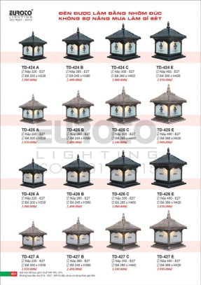 Đèn trụ Euroto TD-424 A, TD-424 B, TD-424 C, TD-424 E, TD-425 A, TD-425 B, TD-425 C, TD-425 E, TD-426 A, TD-426 B, TD-426 C, TD-426 E, TD-427 A, TD-427 B, TD-427 C, TD-427 E