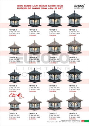 Đèn trụ Euroto TD-428 A, TD-428 B, TD-428 C, TD-428 E, TD-429 A, TD-429 B, TD-429 C, TD-429 E, TD-430 A, TD-430 B, TD-430 C, TD-430 E, TD-431 A, TD-431 B, TD-431 C, TD-431 E