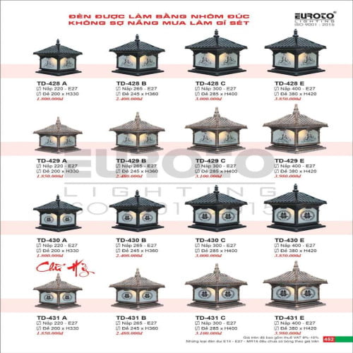 Đèn trụ Euroto TD-428 A, TD-428 B, TD-428 C, TD-428 E, TD-429 A, TD-429 B, TD-429 C, TD-429 E, TD-430 A, TD-430 B, TD-430 C, TD-430 E, TD-431 A, TD-431 B, TD-431 C, TD-431 E