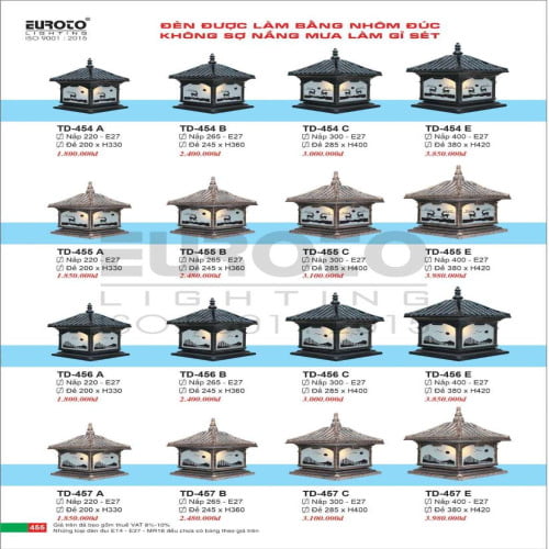 Đèn trụ Euroto TD-454 A, TD-454 B, TD-454 C, TD-454 E, TD-455 A, TD-455 B, TD-455 C, TD-455 E, TD-456 A, TD-456 B, TD-456 C, TD-456 E, TD-457 A, TD-457 B, TD-457 C, TD-457 E