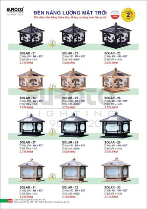 Đèn trụ năng lượng mặt trời Euroto Solar 21, Solar 22, Solar 23, Solar 24, Solar 25, Solar 26, Solar 27, Solar 28, Solar 29, Solar 30, Solar 31, Solar 32, Solar 33