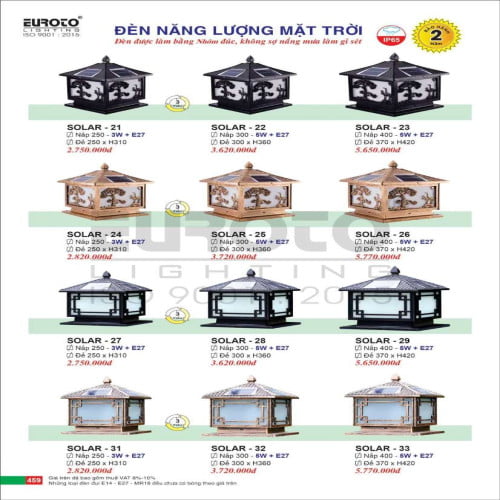 Đèn trụ năng lượng mặt trời Euroto Solar 21, Solar 22, Solar 23, Solar 24, Solar 25, Solar 26, Solar 27, Solar 28, Solar 29, Solar 30, Solar 31, Solar 32, Solar 33