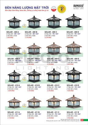 Đèn trụ năng lượng mặt trời Euroto Solar 408 A, 408 B, 408 C, 408 E, 409 A, 409 B, 409 C, 409 E, 410 A, 410 B, 410 C, 410 E, 411 A, 411 B, 411 C, 411 E
