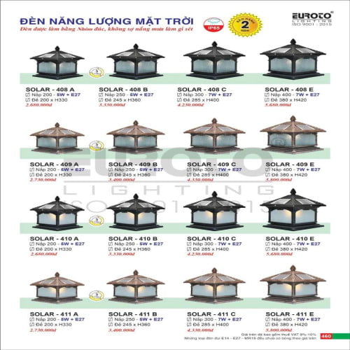 Đèn trụ năng lượng mặt trời Euroto Solar 408 A, 408 B, 408 C, 408 E, 409 A, 409 B, 409 C, 409 E, 410 A, 410 B, 410 C, 410 E, 411 A, 411 B, 411 C, 411 E