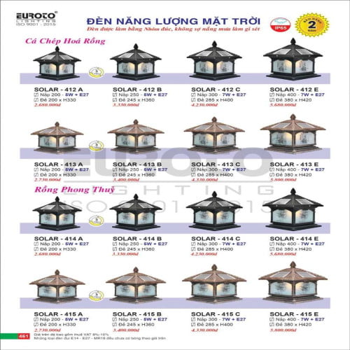 Đèn trụ năng lượng mặt trời Euroto Solar 412 A, 412 B, 412 C, 412 E, 413 A, 413 B, 413 C, 413 E, 414 A, 414 B, 414 C, 414 E 415 A, 415 B, 415 C, 415 E