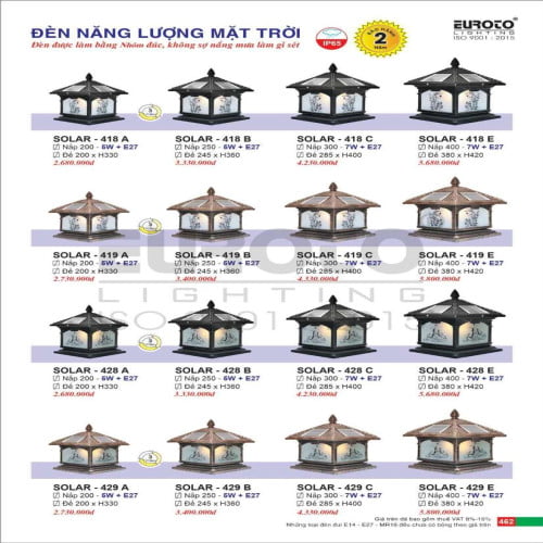 Đèn trụ năng lượng mặt trời Euroto Solar 418 A, 418 B, 418 C, 418 E, 419 A, 419 B, 419 C, 419 E, 428 A, 428 B, 428 C, 428 E, 429 A, 429 B, 429 C, 429 E