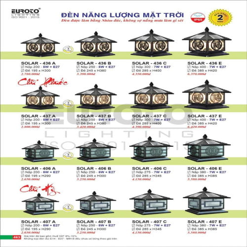 Đèn trụ năng lượng mặt trời Euroto Solar 436 A, 436 B, 436 C, 436 E, 437 A, 437 B, 437 C, 437 E, 406 A, 406 B, 406 C, 406 E, 407 A, 407 B, 407 C, 407 E