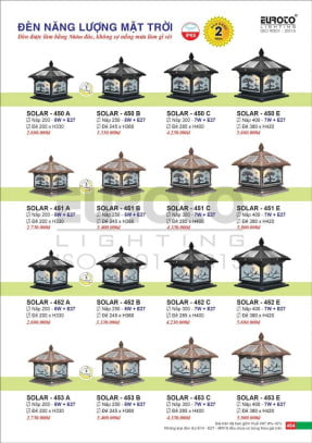 Đèn trụ năng lượng mặt trời Euroto Solar 450 A, 450 B, 450 C, 450 E, 451 A, 451 B, 451 C, 451 E, 452 A, 452 B, 452 C, 452 E, 453 A, 453 B, 453 C, 453 E