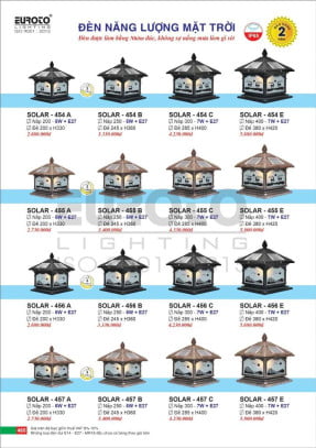 Đèn trụ năng lượng mặt trời Euroto Solar 454 A, 454 B, 454 C, 454 E, 455 A, 455 B, 455 C, 455 E, 456 A, 456 B, 456 C, 456 E, 457 A, 457 B, 457 C, 457 E