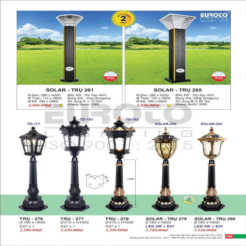 Đèn trụ năng lượng mặt trời Euroto Solar Trụ 261, Solar Trụ 265, Trụ 276, Trụ 277, Trụ 278, Solar Trụ 279, Solar Trụ 280