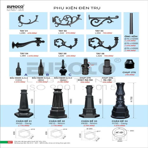 Chân đế, đầu ngọn, tay, linh kiện đèn trụ Euroto