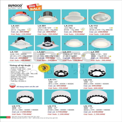 Đèn led âm trần Euroto LA-441, LA-591, LA-215, LA-112, LA-191, LA-521, LA-302, LA-283, LN-171, LN-172, LN-173, LN-174, LN-175
