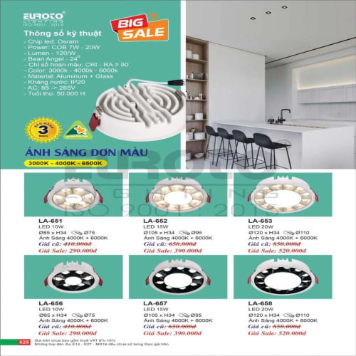 Đèn led âm trần Euroto LA-651, LA-652, LA-653, LA-656, LA-657, LA-658