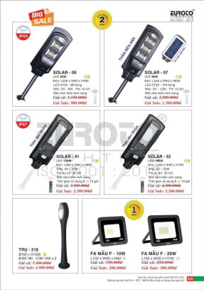 Đèn trụ năng lượng mặt trời Euroto SOLAR - 06, SOLAR - 07, SOLAR - 51, SOLAR - 52, TRỤ - 218, FA MẪU F - 10W, FA MẪU F - 20W