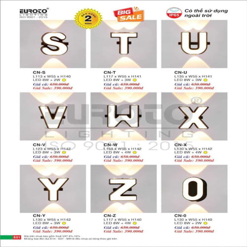 Đèn vách Euroto CN-S, CN-T, CN-U, CN-V, CN-W, CN-X, CN-Y, CN-Z, CN-0