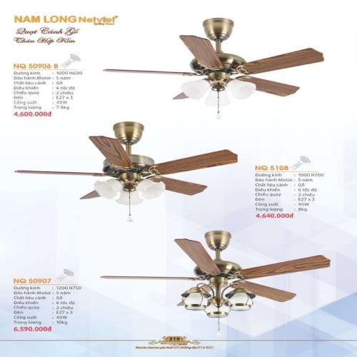 Quạt trần Nam Long Netviet NQ 50906B, NQ 5108, NQ 50907