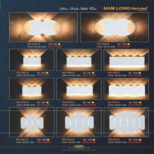 Đèn vách Nam Long Netviet NV 960A, NV 960B, NV 980A, NV 980B, NV 980C, NV 979A, NV 979B, NV 979C, NV 963A, NV 963B, NV 963C