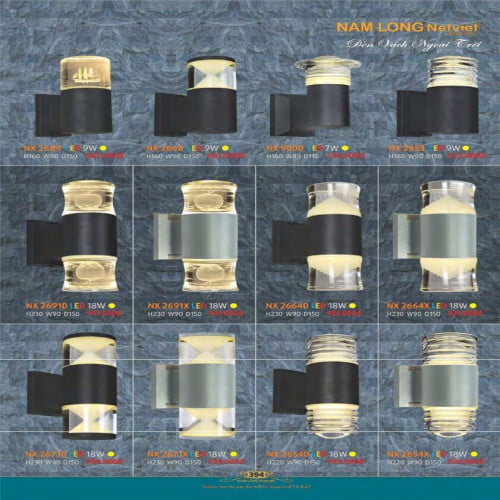 Đèn vách ngoài trời Nam Long Netviet NX 2684, NX 2668, NX 9000, NX 2653, NX 2691D, NX 2691X, NX 2664D, NX 2664X, NX 2671D, NX 2671X, NX 2654D, NX 2654X