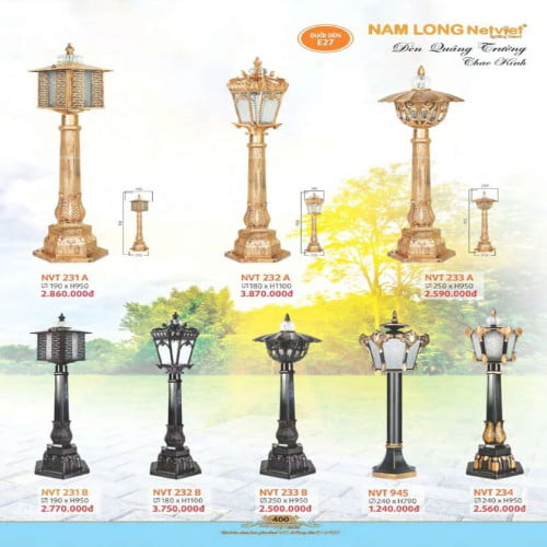 Đèn quảng trường Nam Long Netviet NVT 231A, NVT 231B, NVT 232A, NVT 232B, NVT 233A, NVT 233B, NVT 945, NVT 234