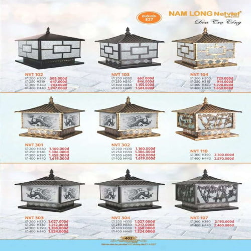 Đèn trụ cổng Nam Long Netviet NVT 102, NVT 103, NVT 104, NVT 301, NVT 302, NVT 110, NVT 303, NVT 304, NVT 107