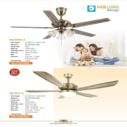 Quạt trần Nam Long Netviet NQ 50906A, NQ 2819A