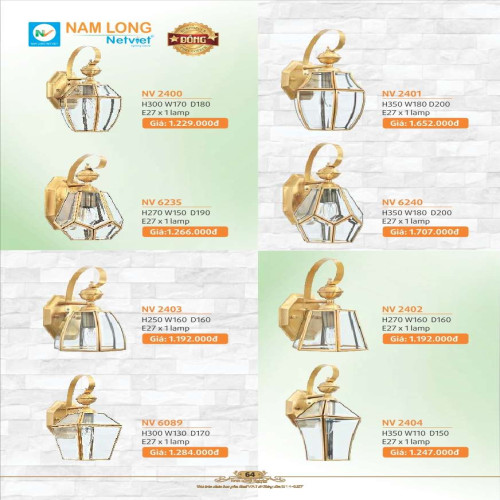 Đèn vách đồng Nam Long Netviet NV 2400, NV 2401, NV 6235, NV 6240, NV 2403, NV 2402, NV 6089, NV 2404
