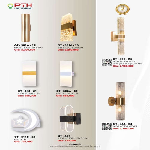 Đèn gắn tường PTH Lighting Home GT - 301A - 19, GT - 3026 - 23, GT - 342 - 21, GT - 352A - 20, GT - 311B - 20, GT - 467, GT - 471 - 24, GT - 464 - 24