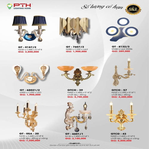 Đèn gắn tường PTH Lighting Home GT - 0187/2, GT - 7607/2, GT - 8132/3, GT - 68021/2, GTCD - 39, GTCD - 57, GT - 05A - 20, GT - 6601/1, GTCD - 43