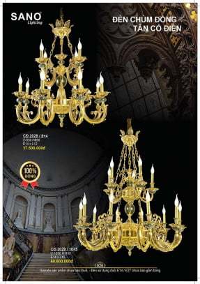 Đèn chùm đồng Sano Lighting CĐ 2028/8+4, CĐ 2029/10+5