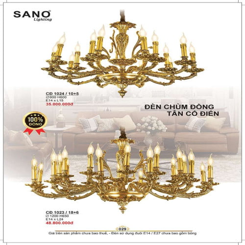 Đèn chùm đồng Sano Lighting CĐ 1024/10+5, CĐ 1023/18+6