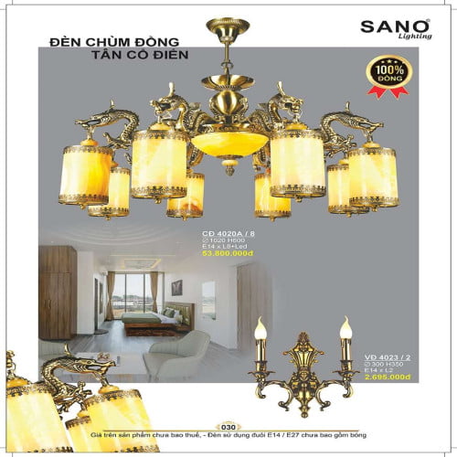 Đèn chùm đồng Sano Lighting CĐ 4020A/8, VĐ 4023/2