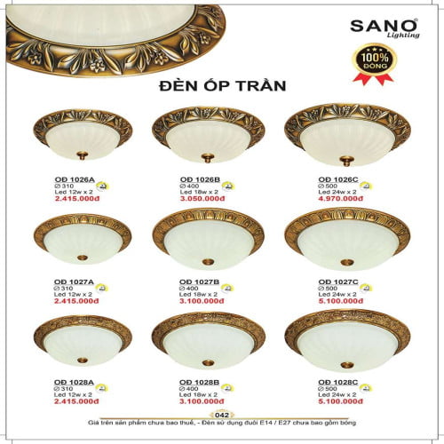 Đèn ốp trần đồng Sano Lighting OĐ 1026A, OĐ 1026B, OĐ 1026C, OĐ 1027A, OĐ 1027B, OĐ 1027C, OĐ 1028A, OĐ 1028B, OĐ 1028C