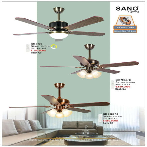 Quạt trần Sano Lighting QĐ 7920, QĐ 7924/3, QĐ 7925/3