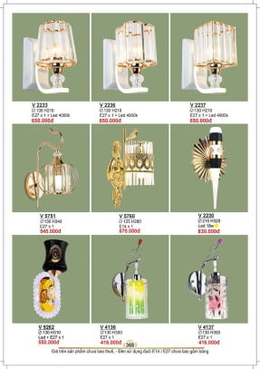 Đèn tường Sano Lighting V 2233, V 2236, V 2237, V 5751, V 5760, V 2230, V 5262, V 4136, V 4137