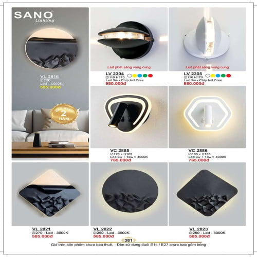 Đèn vách Sano Lighting VL 2816, VL 2304, VL 2305, VC 2885, VC 2886, VL 2821, VL 2822, VL 2823