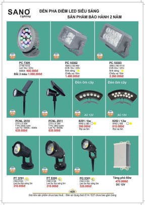 Đèn pha điểm led Sano Lighting PC 7309, PC 10302, PC 10303, PCNL 2510, PCNL 2511, 8291, 8292, PT 3781, PT 5300, PG 5301