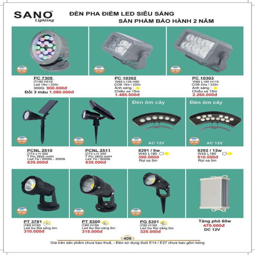 Đèn pha điểm led Sano Lighting PC 7309, PC 10302, PC 10303, PCNL 2510, PCNL 2511, 8291, 8292, PT 3781, PT 5300, PG 5301
