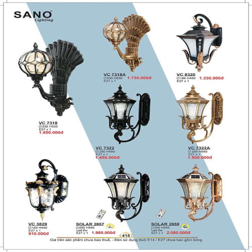 Đèn vách Sano Lighting VC 7318, VC 7318A, VC 8320, VC 7322, VC 7322A, VC 3829, SOLAR 2857, SOLAR 2858