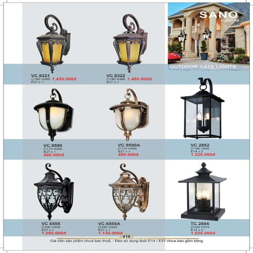 Đèn vách Sano Lighting VC 8321, VC 8322, VC 9590, VC 9590A, VC 2852, VC 6555, VC 6555A, VC 2854