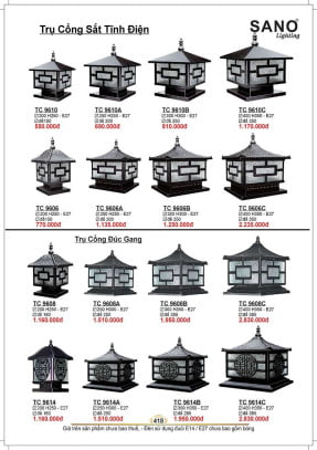Đèn trụ Sano Lighting TC 9610, TC 9610A, TC 9610B, TC 9610C, TC 9606, TC 9606A, TC 9606B, TC 9606C, TC 9608, TC 9608A, TC 9608B, TC 9608C, TC 9614, TC 9614A, TC 9614B, TC 9614C